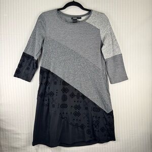 Desigual Gray Black 3/4 Sleeve Tunic Dress Size Large Asymmetrical Mixed Media